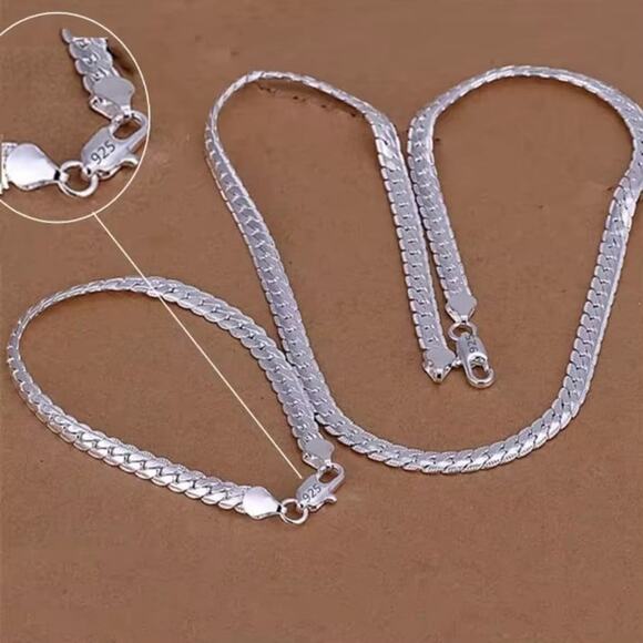 925 Silver Cuban Snake Chain Set 5mm Necklace Bracelet BOHO Fashion Birthday NEW